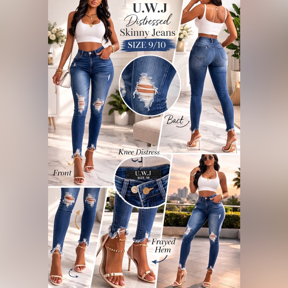 U.W.J Distressed Skinny Jeans Size 9/10 Frayed Hem Stretch Denim